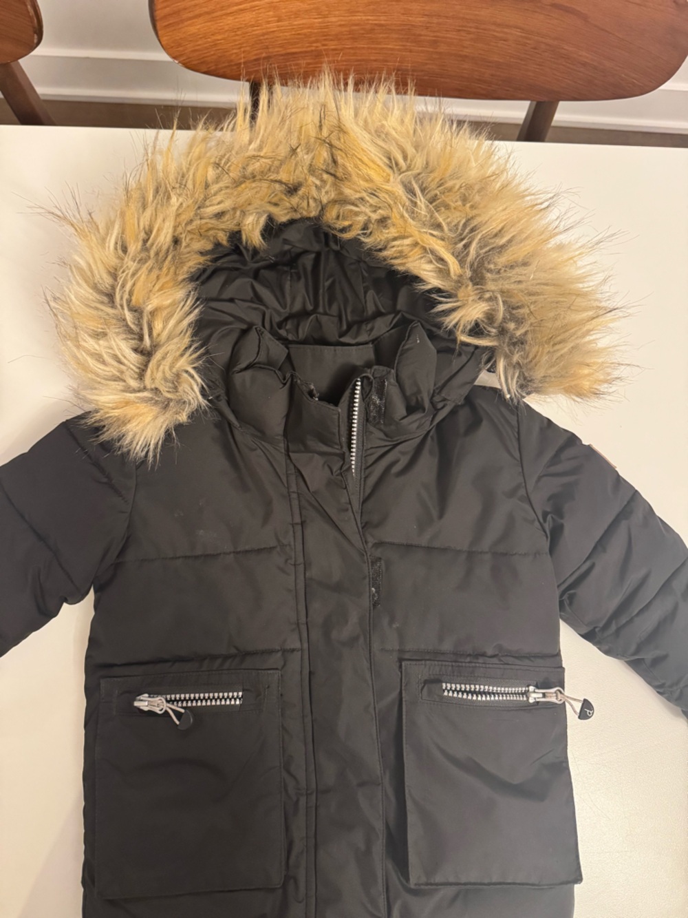 deux par deux Black Kids Puffer Coat with Faux Fur Hood